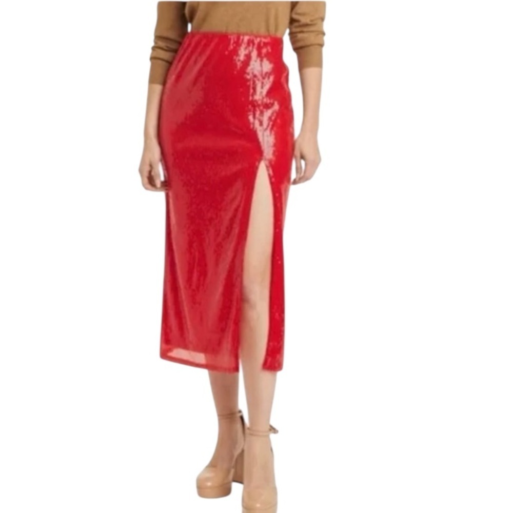 Sequin front slit midi pencil skirt M